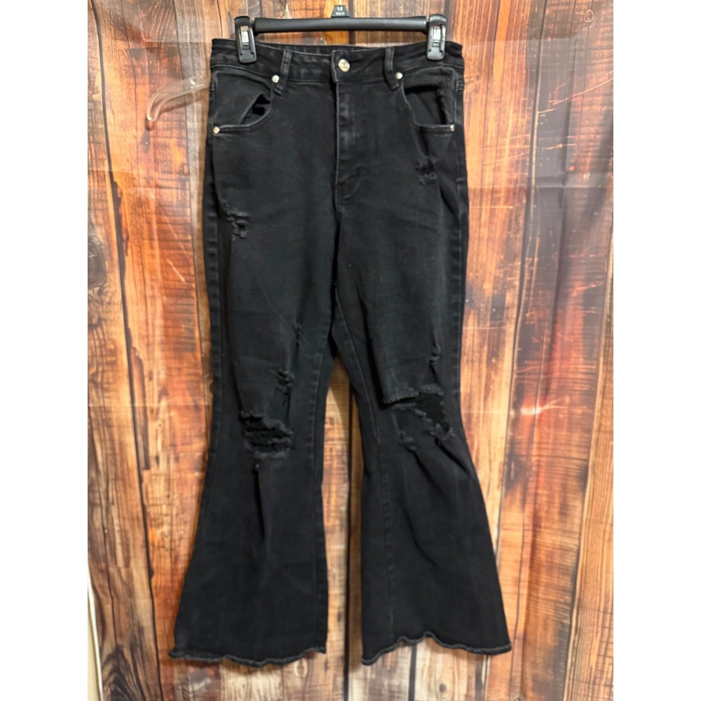 Almost Famous Black Distressed Flare Jeans Raw Hem Size 7 PF33X-NG